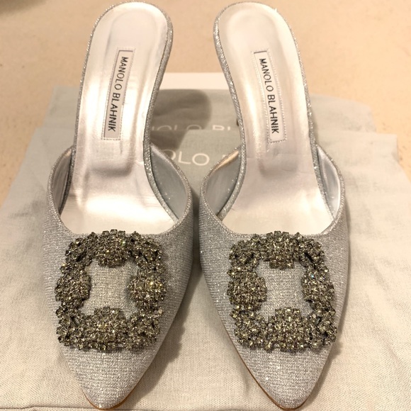 Manolo Blahnik Shoes - SOLD:Manolo Blahnik Hangisi Mules Silver Fabric 70